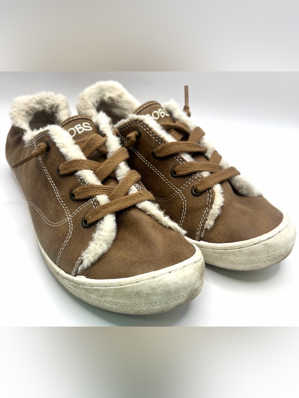 Skechers Bobs- Women’s Brown Faux Fur Trim Lace-Up Sneakers, Size: 10